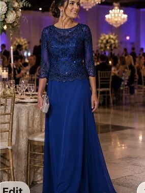 Oleg Cassini Blue Beaded Formal Evening Gown Size 6